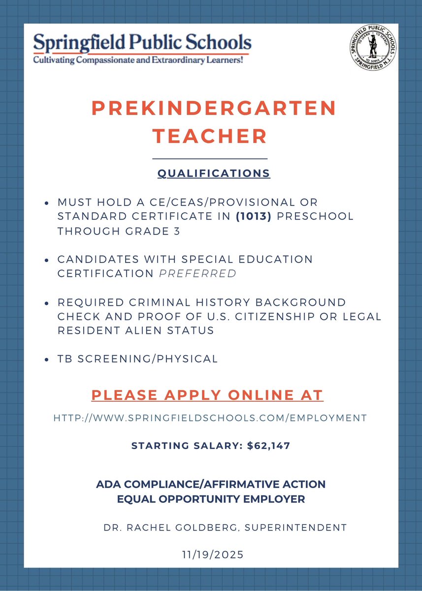 SpringfieldSchs's tweet image. PreKindergarten Teacher
@NJSchoolJobs

To Apply: applitrack.com/springfield/on…: