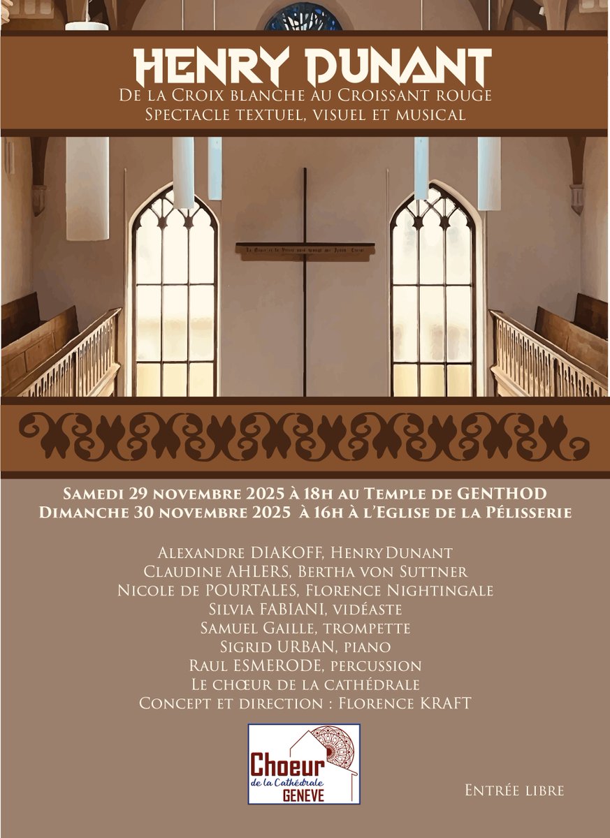30 novembre à 16h: spectacle textuel, visuel et musical du Choeur de la cathédrale à l'occasion de la journée spéciale "Henry Dunant" à l'Eglise évangélique de la Pélisserie (20, rue de la Pélisserie). 
Plus d'infos: freecollege.ch/free-college-a…