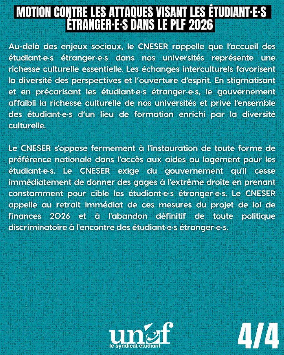 Hier, le CNESER a adopté à l’unanimité une motion contre la suppression des APL pour les étudiant•e•s étranger•e•s. 
La bataille n’est pas finie, continuons la mobilisation !
