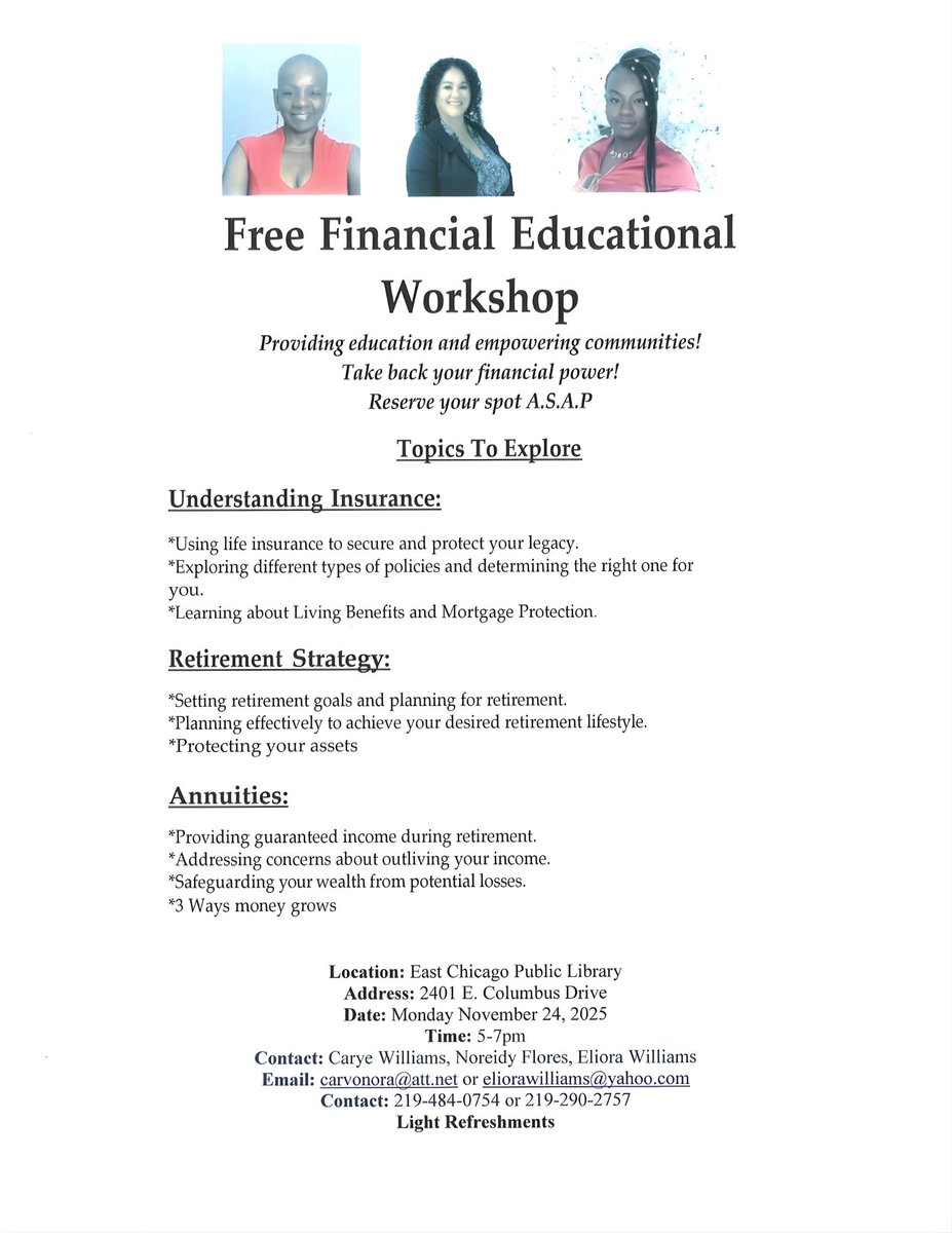 ECPublicLibrary's tweet image. ✨ Free Financial Educational Workshop! ✨
Take charge of your financial future with this empowering workshop! Learn about insurance, retirement planning, annuities, and ways to protect and grow your wealth.
Seats fill fast—reserve your spot today! See flyer for details.