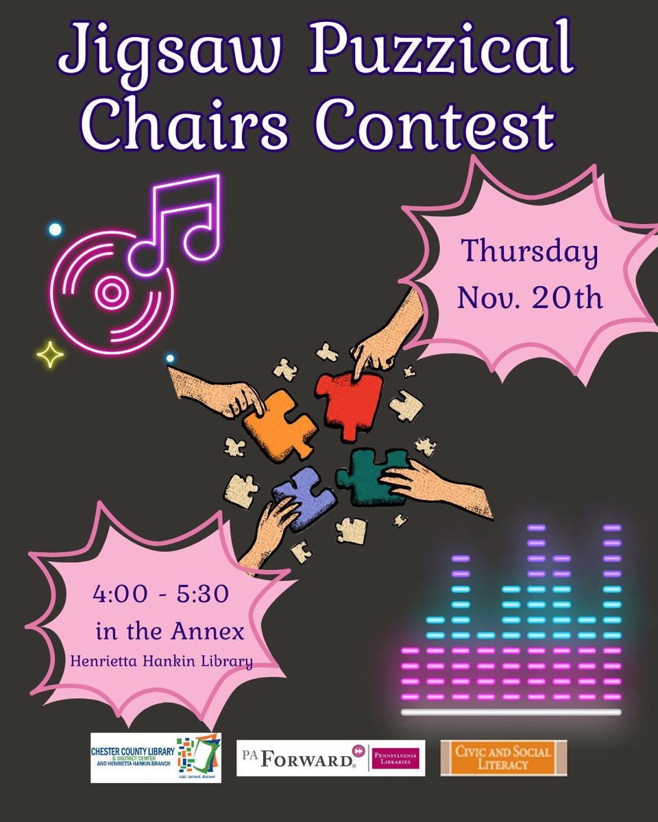 HankinLibrary's tweet image. Compete in our quarterly jigsaw puzzle contest on THURSDAY, NOVEMBER 20 at 4 pm.  This time we have an exciting new twist. Have you ever played musical chairs? Well, throw in puzzles and let the fun begin! Learn more and register here: buff.ly/io0KhRX 

#HankinLibrary