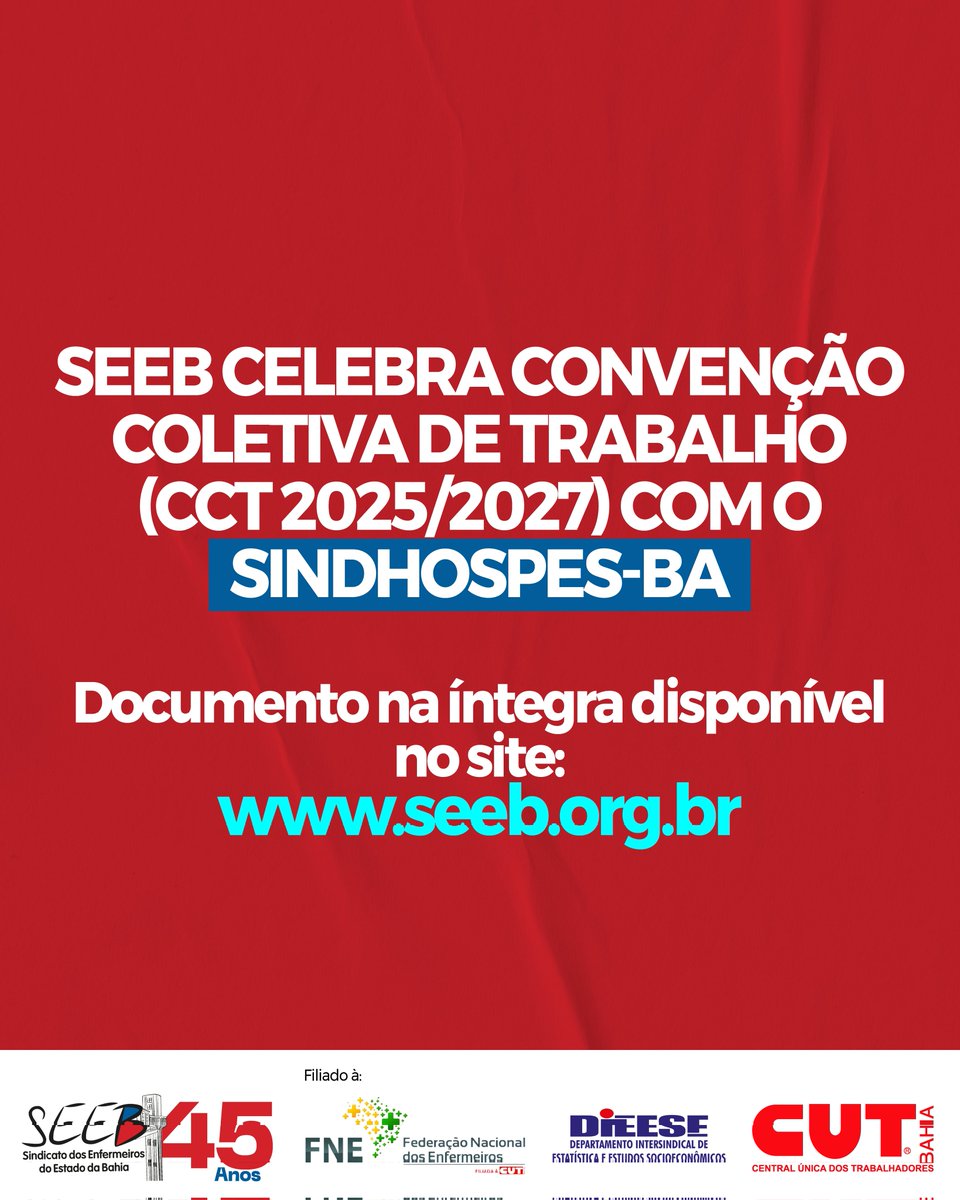 SEEB celebra CONVENÇÃO COLETIVA DE TRABALHO (CCT 2025/2027) com o SINDHOSPES-BA (Sindicato Patronal da Região do Extremo Sul do Estado da Bahia)

Documento na íntegra disponível no site: seeb.org.br