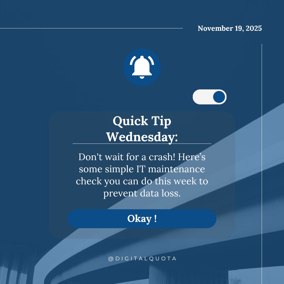 DigitalQuota's tweet image. Quick Tip Wednesday! 

—------------------
📱  Twitter: @DigitalQuota
💼  LinkedIn:  @DigitalQuota
📘 Facebook:   @DigitalQuota
—------------------------
*
*
*
*
#DigitalQuota #ITMaintenance #DataLossPrevention #ProactiveIT #BusinessContinuity