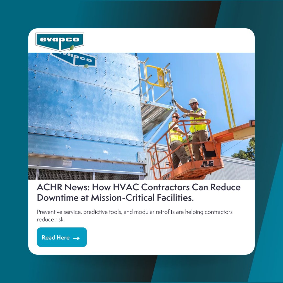 EVAPCO_Inc's tweet image. Downtime is costly, but it&apos;s also avoidable. EVAPCO is featured in a new ACHR News article that explores how HVAC contractors can keep mission-critical facilities running smoothly.

evapco.com/news/achr-news…

 #EVAPCOForLife #HVACContractor #PredictiveMaintenance #Reliability