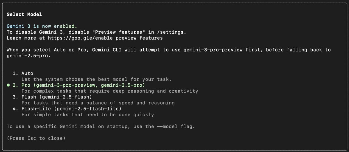 kobatch_tk's tweet image. Gemini CLI でも /settingsで設定をしてGemini 3 Pro を適用できるようになった。。
#Gemini3 #GeminiCLI