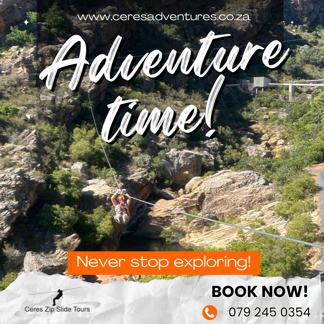 ziplinesceres's tweet image. Never stop exploring — adventure doesn’t wait for the weekend, and neither should you! ⚡🌄

📅 Book now: ceresadventures.co.za
📞 Call/WhatsApp: 079 245 0354

#CeresZiplines #NeverStopExploring #AdrenalineRush #AdventureEveryday #ZiplineSA #ThrillSeekers #CeresAdventures