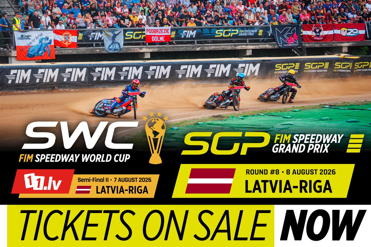 Tickets are now available to <a href="/SpeedwayGP/">FIM Speedway GP</a> events in Riga, Latvia. 🥳 Join us for FIM SWC semi-final, FIM SGP round or both events on August 7-8, 2026 – you choose! 💫

Tickets at <a href="/bilesuparadize/">Biļešu Paradīze</a>:
🎟 bilesuparadize.lv/lv/custompage/…

#FIM #Speedway #SWC #semifinal #SGP #round #Latvia #Riga