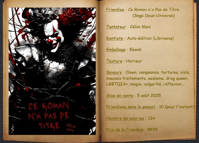 ⚠️Violences, torture : "Ce Roman n’a Pas de Titre" de Celim Mani n’est pas pour les sensibles. Phœbe, drag queen, et Timéo devenu Stercus, clown démoniaque, nous plongent dans un cauchemar sanglant… mais aussi une réflexion sur traumatismes et vengeance.
booksfeedmemore.eklablog.com/2025/11/ce-rom…