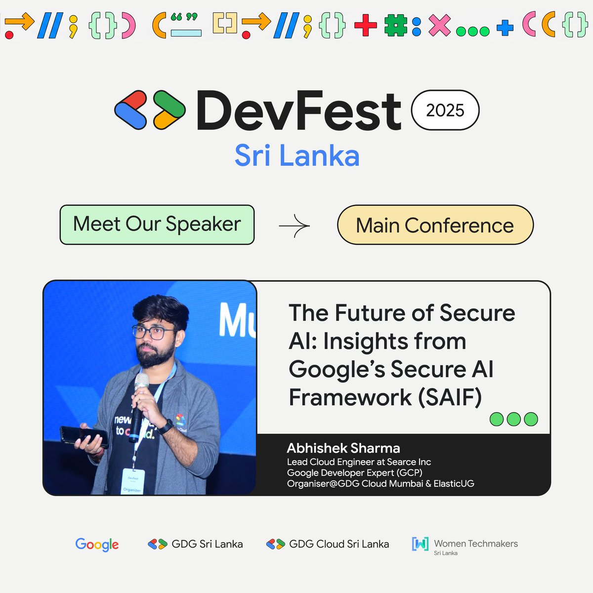🎤 Speaker Reveal – DevFest Sri Lanka 2025 | Main Conference

Welcome Abhishek Sharma, Lead Cloud Engineer at Searce Inc, GDE in Google Cloud, and Organiser at GDG Cloud Mumbai &amp; ElasticUG!

#DevFest #DevFest2025 #GDG #GDGLK #GDGSriLanka #GDGCloudSriLanka #WTMSriLanka