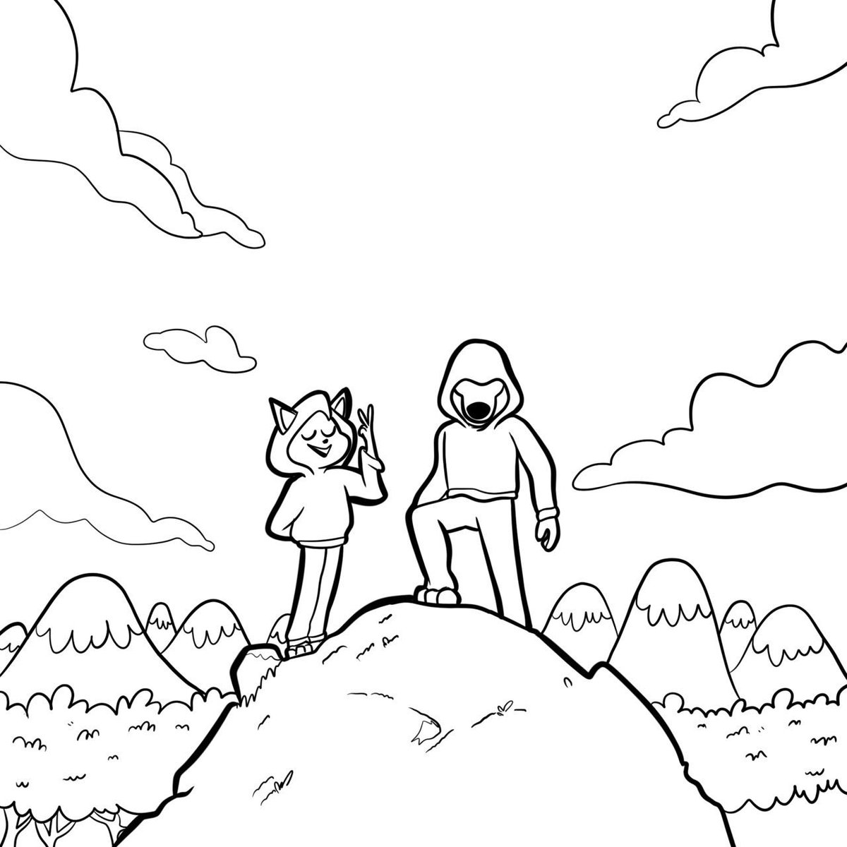 reedesign3r's tweet image. Here’s the raw line art where it all started.
Two characters on a hill; RECA and REDO.
Not as kings, but as survivors holding their ground.
When I sketch, I think in silhouettes.
If the silhouette tells a story, the final design will hold.

#ArtProcess #DesignProcess #LineArt