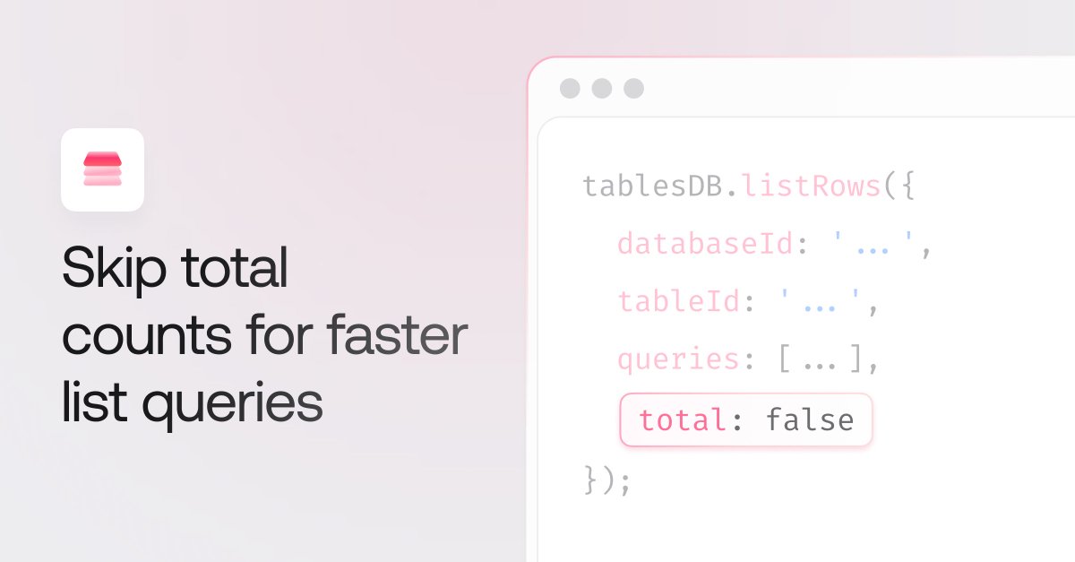 appwrite's tweet image. Small-but-powerful-update:

You can now skip total counting on list endpoints with a simple total=false flag and get faster, lighter list responses without the extra database work.

Learn more: appwrite.io/changelog/entr…