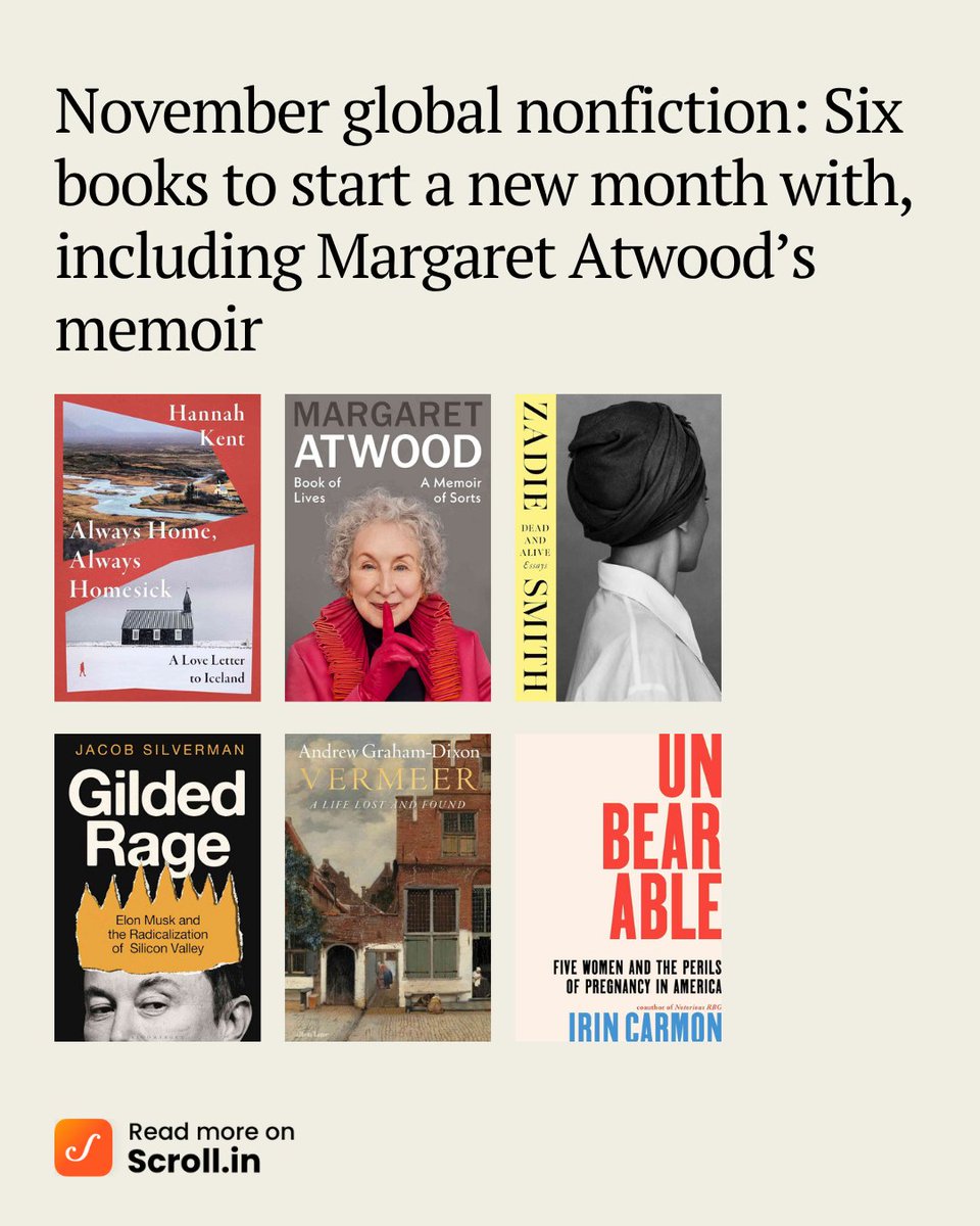 scroll_in's tweet photo. Discover six new books including Margaret Atwood’s memoir, a new book of essays by Zadie Smith, a critical look into Elon Musk’s empire, a biography of Johannes Vermeer and more.
Check the full list here:
https://t.co/8cCT8to6Nf
#bookrecommendation #novemberread https://t.co/MH1jLXI3OF