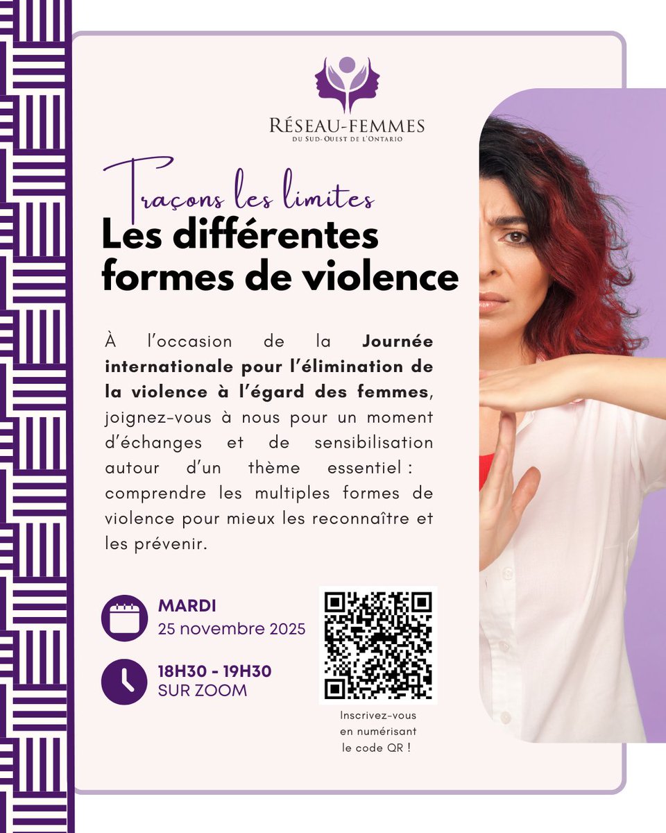 ✋ Traçons les limites : Comprendre les différentes formes de violence
À l’occasion de la Journée internationale pour l’élimination de la violence à l’égard des femmes, rejoignez-nous le 25 novembre pour un atelier essentiel.

📅 Mardi 25 novembre 2025
🕡 18h30 – 19h30 sur Zoom