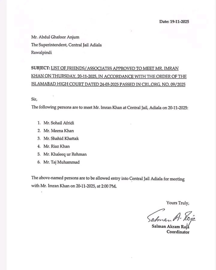 عمران خان سے کل ملاقات کے لیے وزیراعلی سہیل آفریدی، صوبائی وزیر مینا خان آفریدی ، شاہد خٹک، ریاض خان، خلیق الرحمن اور تاج محمد کا لسٹ اڈیالہ جیل بھجوا دی گئی