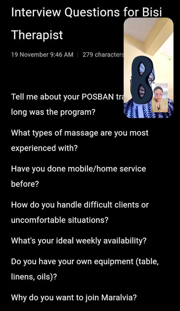 Dai_saishi's tweet image. You Guyysss!
I just conducted my first interview with one of my certified massage therapists 🤭🤭
I feel like such a Founder 😂 
#buildinpublic
#EntrepreneurLife
