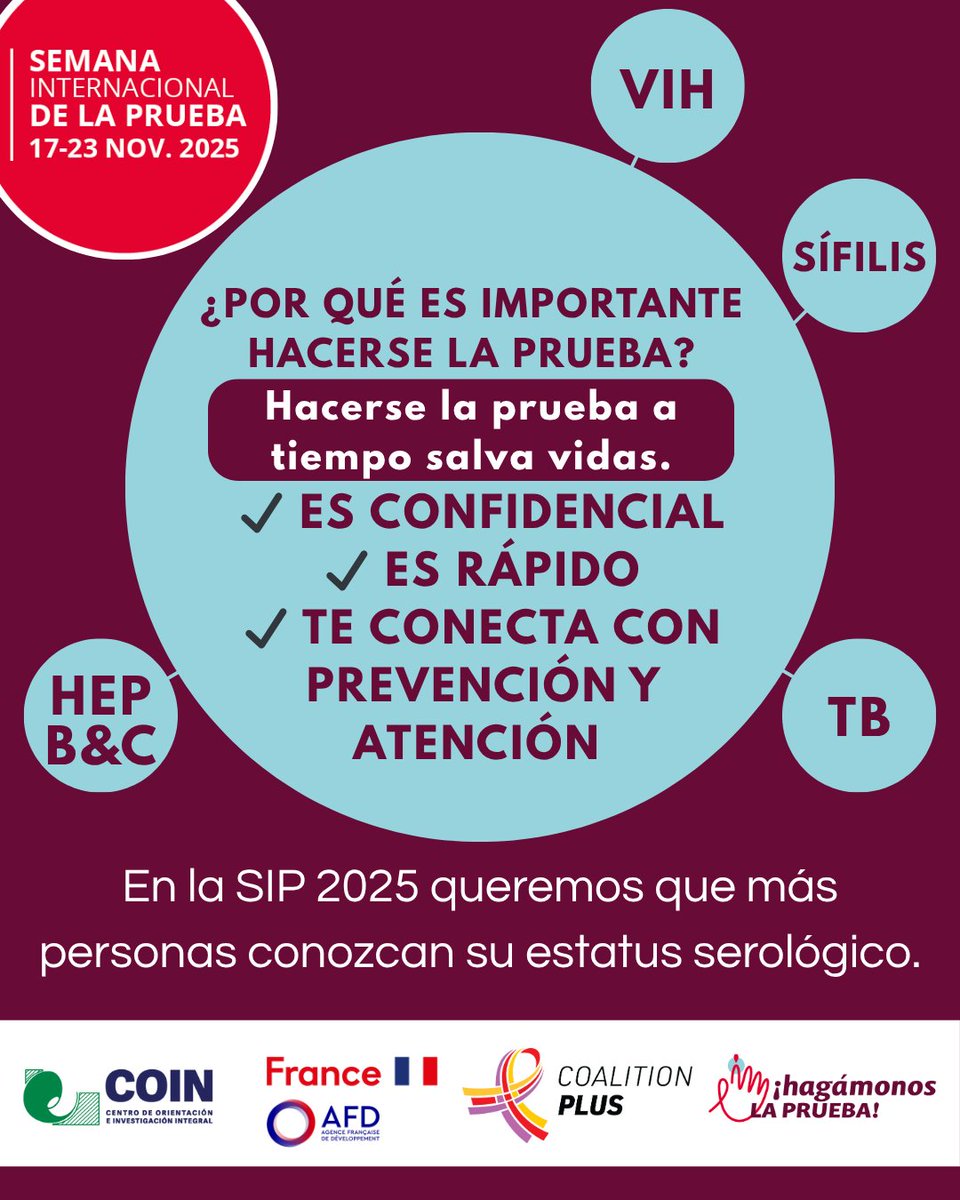 ¡Hacerse la prueba salva vidas! 🩺💡
Del 17 al 23 de noviembre, únete a la Semana Internacional de la Prueba (SIP 2025) y conoce tu estatus serológico.

✔️ Es confidencial
✔️ Es rápido
✔️ Te conecta con atención y prevención

#sip2025 #coin #toujourssolidaires #haztelaprueba