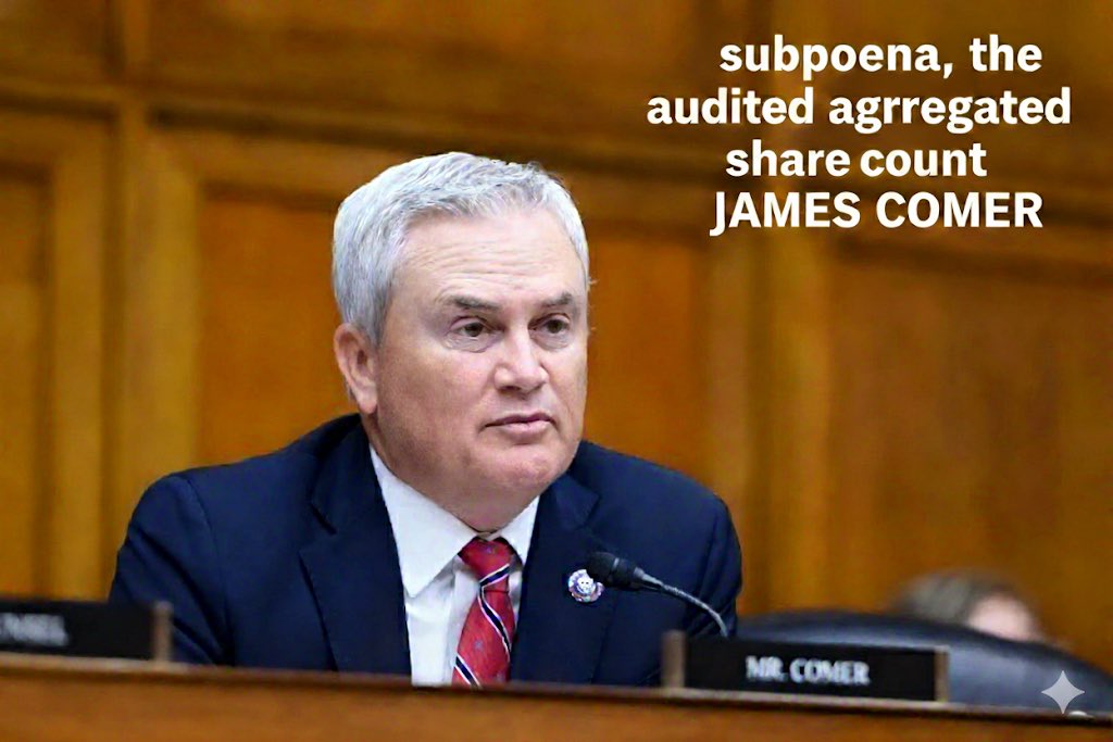 <a href="/RepJamesComer/">Rep. James Comer</a> 
You supported and signed the MMTLP letter! 
you have the power.
MMTLP has PROOF of regulatory fraud: deleted SEC emails, FOIA obstruction, and lies in hearings.
Stop the silence.
SUBPOENA the share count.
#MMTLP
<a href="/cvpayne/">Charles V Payne</a> <a href="/denniskneale/">Dennis Kneale</a> <a href="/AGPamBondi/">Attorney General Pamela Bondi</a>
