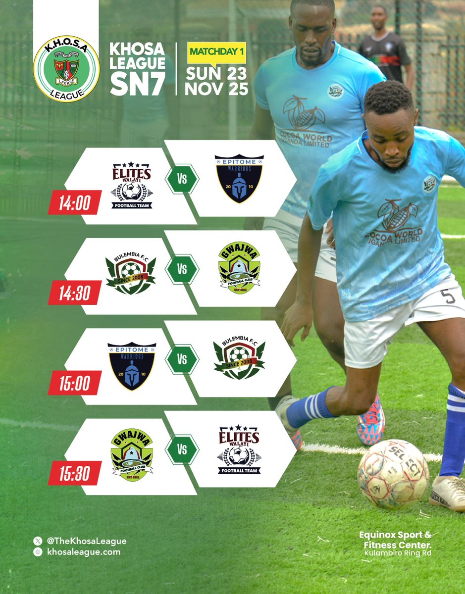 IT'S GAME WEEK 1 AND WE'RE READY 💯
⚽️ Elites and <a href="/warriors0_fc/">Epitome Warriors (FC)</a>  face off in a mouth-watering opener 💪 <a href="/BulembiaClass/">Bulembia Class 2008</a>  and <a href="/GwajwaFc/">Gwajwa fc</a>  locked in a battle for bragging rights🤫 Who will reign supreme? 

#khosaUpdates || #khosaleagueVII