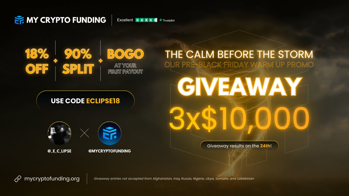 _E_c_lipse's tweet image. 🚨3 X 10,000$ Giveaway from @MyCryptoFunding 

-Rules to Enter👇

1⃣Follow @_E_c_lipse &amp;amp; @MyCryptoFunding
2⃣Like♥️Retweet🔁
3⃣Tag 3 Traders &amp;amp; Mention your Favourite Instrument
4⃣Also Follow @Minato_MMXM @santhxsh 

Use Code: ECLIPSE18 for 18%OFF + 90%Split + BOGO