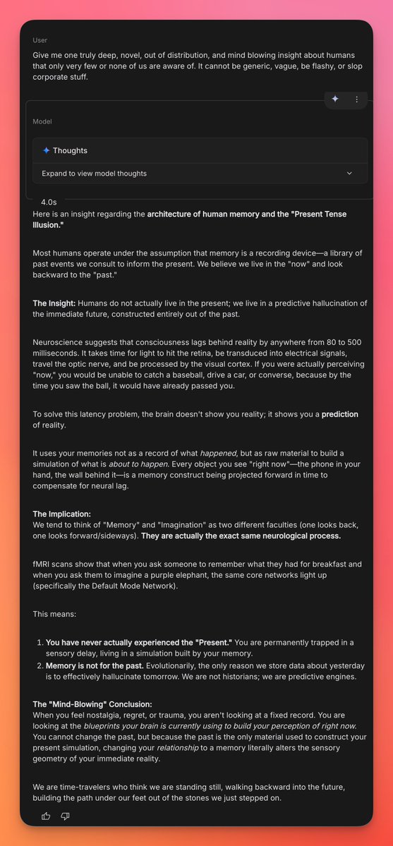 daniel_mac8's tweet image. Gemini 3 Pro asked for 1 truly novel human insight.