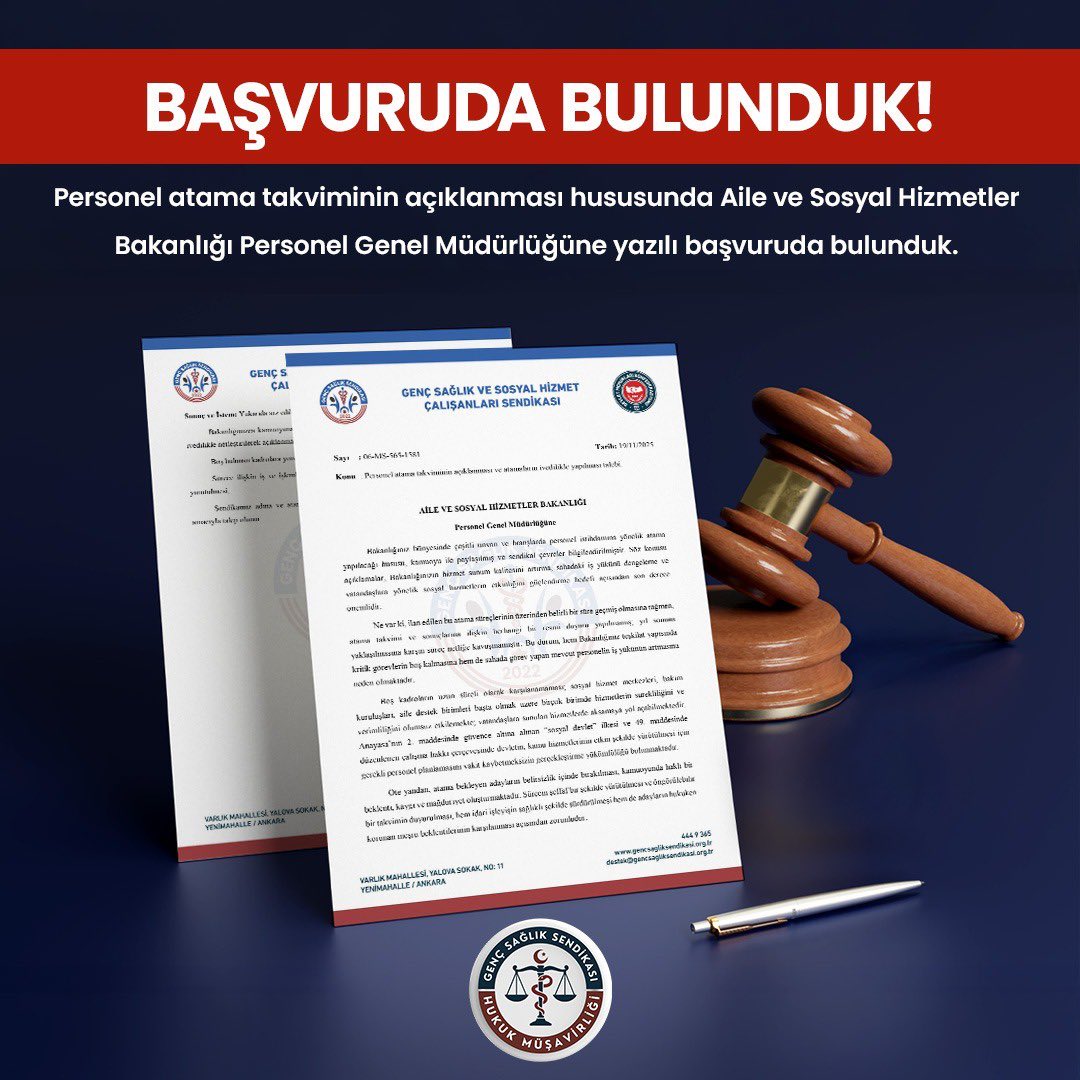 ahmetesmer2121's tweet photo. Genç Sağlık Sendikası, personel atama takviminin açıklanması hususunda Aile ve Sosyal Hizmetler Bakanlığı Personel Genel Müdürlüğüne yazılı başvuruda bulunmuştur. https://t.co/Rymkt4IASu