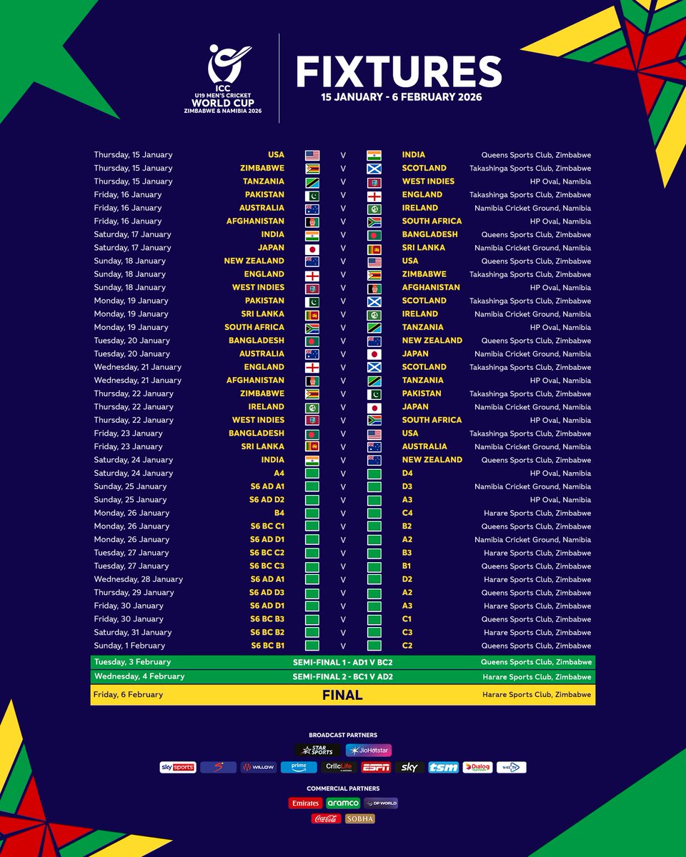 Full schedule for the ICC Men's #U19WorldCup 2026 is out now ...