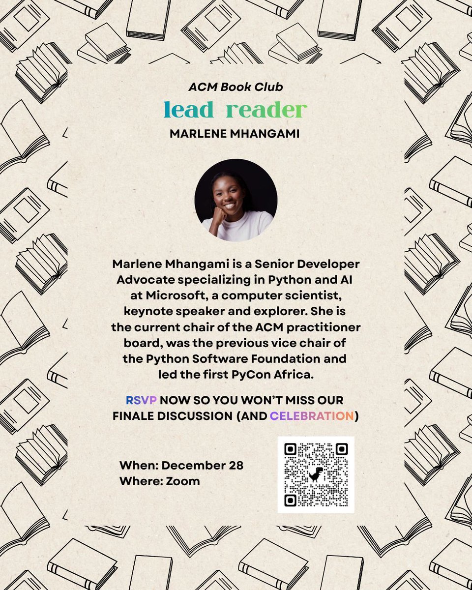TheOfficialACM's tweet image. Have you started reading This Is for Everyone? We are excited to share that computer scientist @marlene_zw , Senior Developer Advocate at @Microsoft and Chair of the @theofficialACM Practitioner Board, will lead the discussion on Dec 28, 2025!

To RSVP to the virtual party, scan…