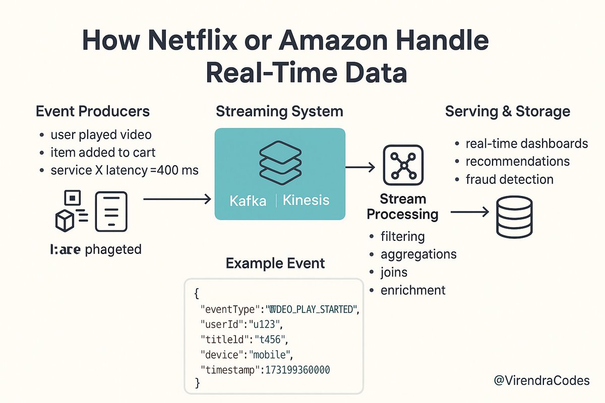 VirendraCodes's tweet image. Ever wondered how Netflix or Amazon handle millions of events every second, all in real time?
The secret is event streams, smart processing, and rock solid data pipelines.
Here’s a simple breakdown for devs.
#DataEngineering #SystemDesign #bigdata