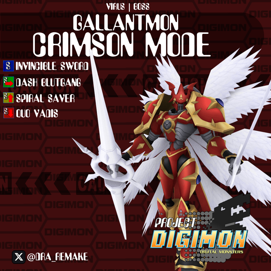 DRA_Remake's tweet image. As the boss for the Tamers campaign path, Gallantmon Crimson Mode hits hard, having wide spanning melee and range moves, the most flashy of these would be in ultra, where he bathes the ground with a thick red beam, sweeping all in its path!

#Projectdigimon #GallantmonCrimsonMode