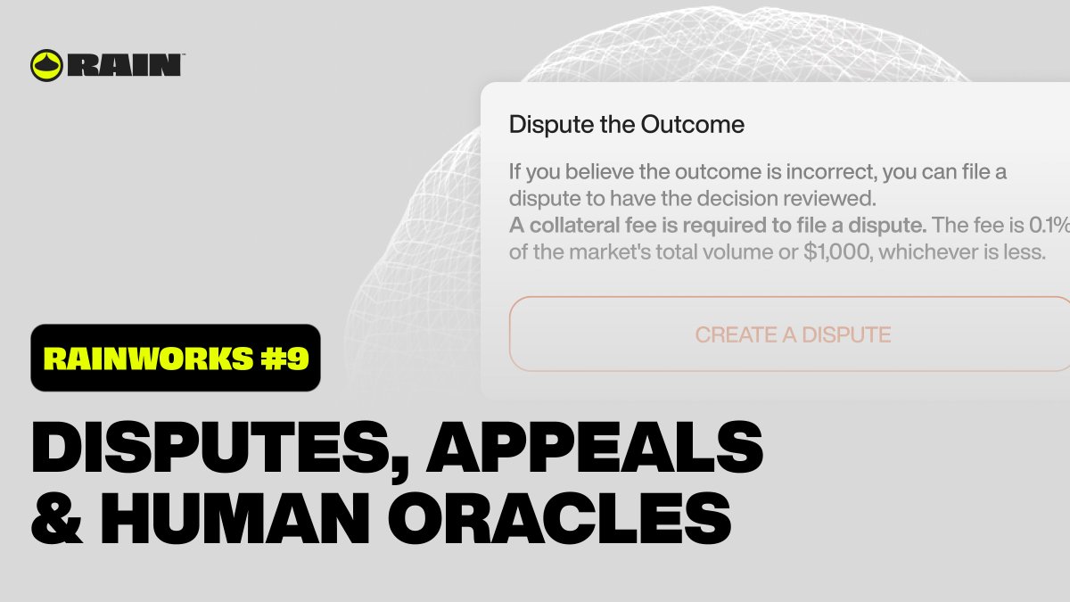 Rain__Protocol's tweet image. RAINWORKS #9: Disputes, Appeals &amp;amp; Human Oracles

Rain is fully decentralized. Users create the markets, provide liquidity, resolve outcomes, and keep the system moving. 
And sometimes, things go wrong - bad data, honest mistakes, or someone trying to game the system.
That’s where…
