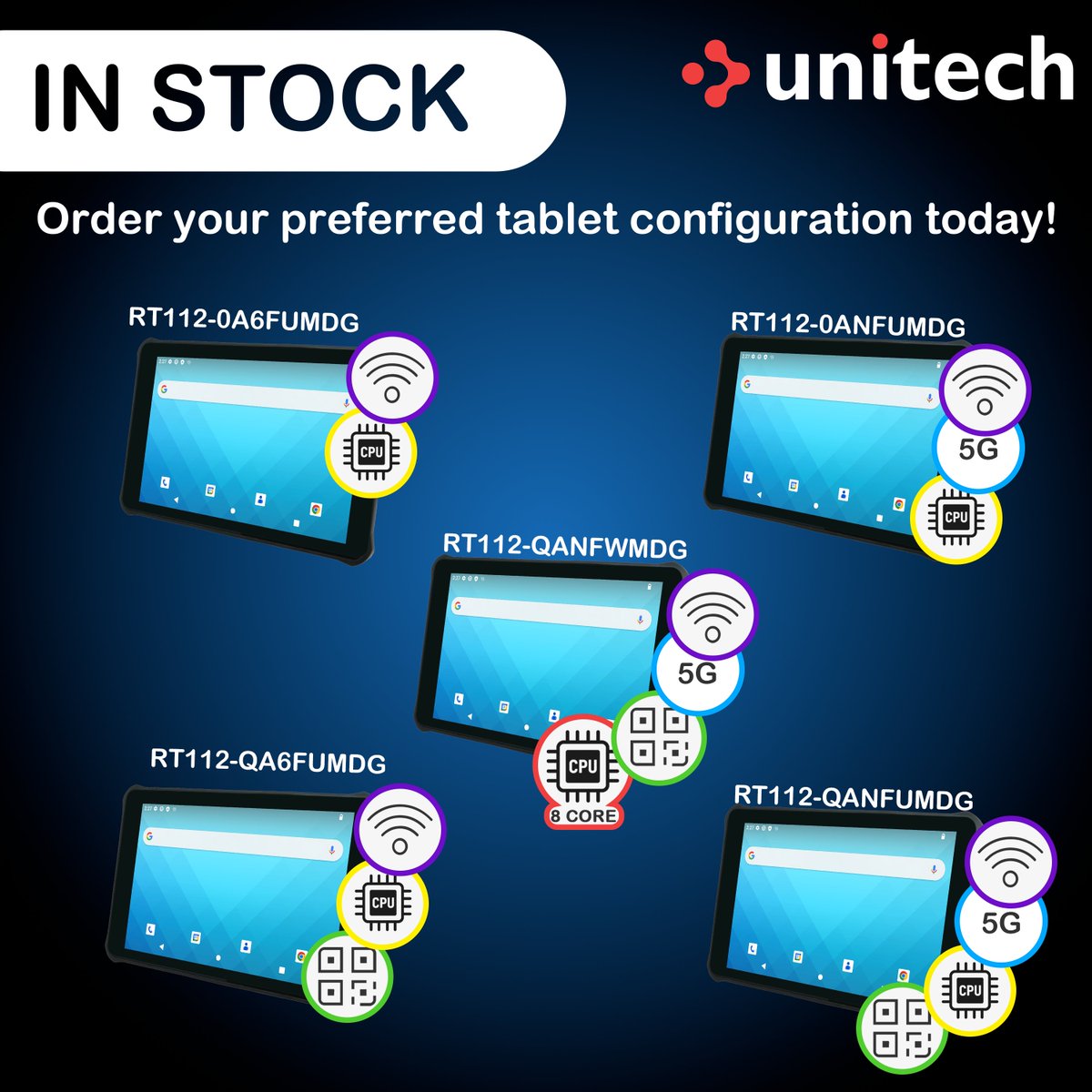 UnitechEU's tweet image. In stock now! Rugged #Unitech RT112 tablets – built for the toughest jobs.
✔ Android 13 | 10.1&quot; display | GMS &amp;amp; AER certified
✔ Options: WiFi, 5G, 2D imager &amp;amp; 8-core CPU (Limited Edition)
📦 Order today &amp;amp; keep your operations moving!
#Warehousing #Retail #Logistics #B2B