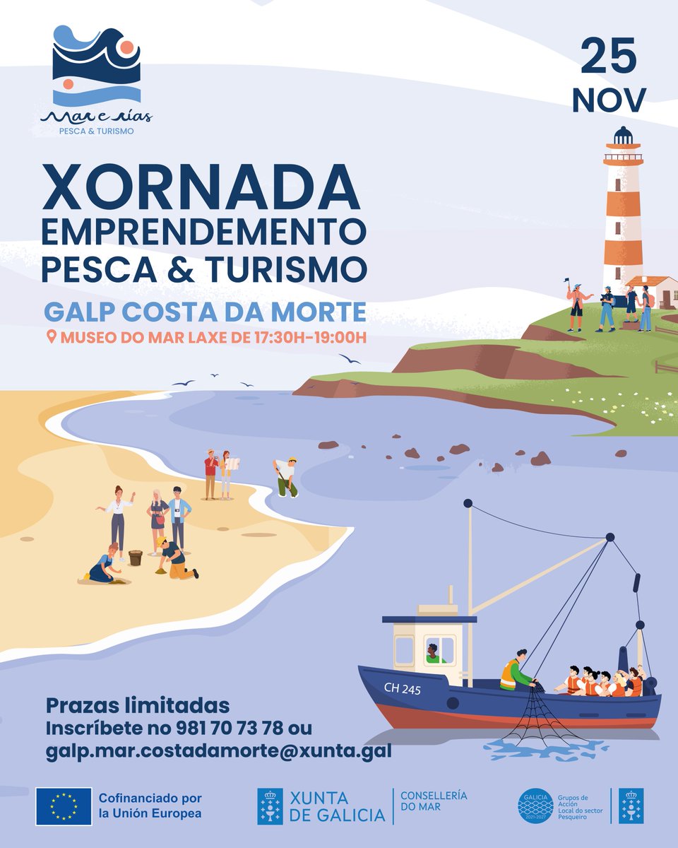⚓Xornada de Emprendemento Pesca &amp; Turismo⚓

 🪝Proxecto de cooperación Mar e Rías: Pesca &amp; Turismo
🪝Lugar: Museo do Mar de Laxe
🪝Data: 25 de novembro as 17:30h
👉Inscríbete no 981707378 ou no mail: galp.mar.costadamorte@xunta.gal

<a href="/EU_FAMENET/">FAMENET 🇪🇺</a> <a href="/EU_MARE/">EU Maritime & Fish</a>  <a href="/Xunta/">Xunta de Galicia</a> #FEMPA