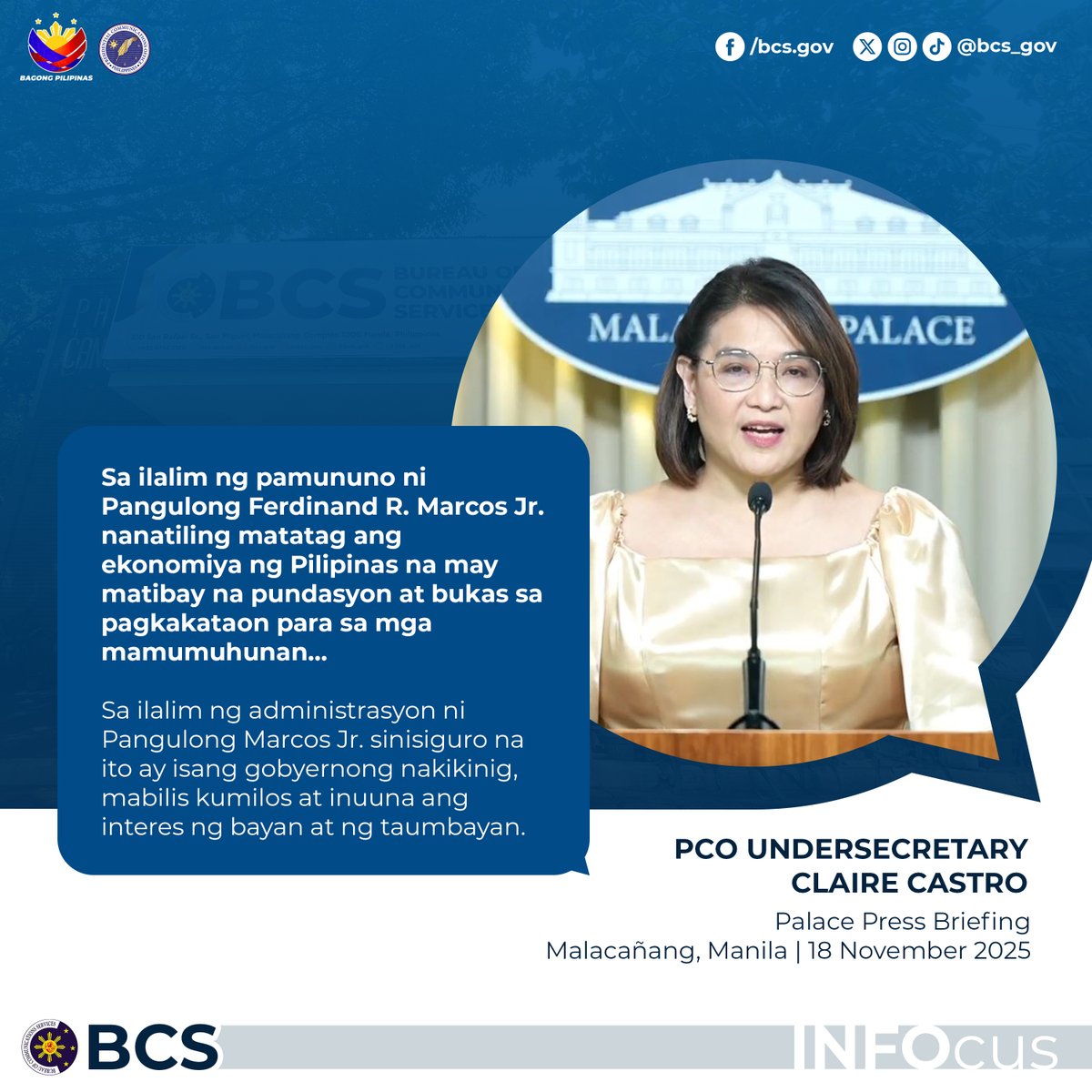bcs_gov's tweet image. The Philippine economy remains strong and ready to welcome new investors, said Presidential Communications Office Undersecretary and Palace Press Officer Claire Castro, amid the current administration’s sustained fight against corruption.

#INFOcus #BagongPilipinas #BCS