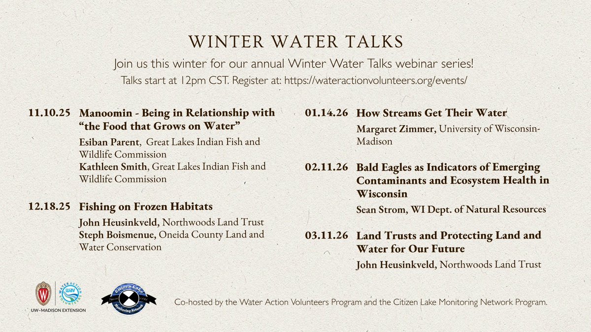 ❄️🎣 Dive into ice fishing at our next Winter Water Talk! Join us Wed, Dec 18 at noon to learn tackle basics, safety tips, where to find fish, plus insights on invasive species &amp; stewardship. Co‑hosted by WAV &amp; Citizen Lake Monitoring Network. Register: go.wisc.edu/8m34t5