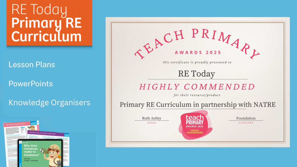 RE_Today's tweet photo. #REToday has been Highly Commended in the Primary RE Curriculum category!
To celebrate, get £100 off your first year’s subscription!
Enjoy 42+ units, clear progression, and ready-to-teach lessons.
👉 Learn more: https://t.co/v18ierd2TN

#PrimaryEducation #TeachingResources https://t.co/7IBA6ZLI0P