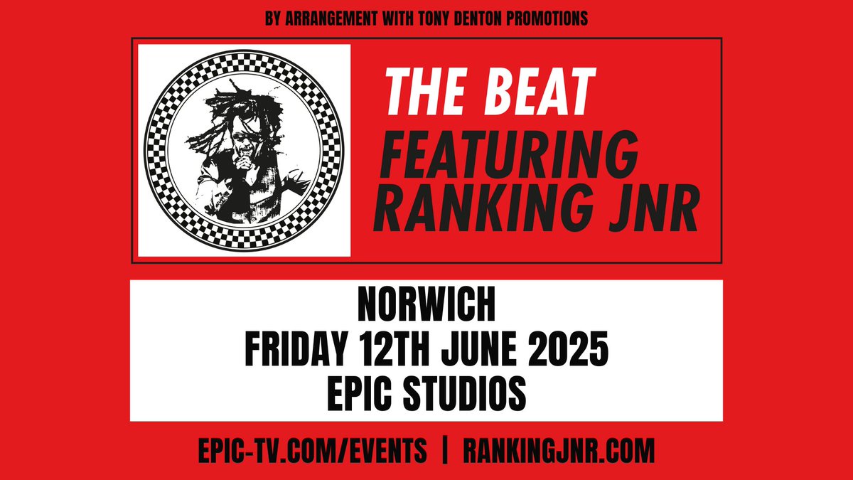 EPICNorwich's tweet photo. 📣 JUST ANNOUNCED: @TheBeat featuring Ranking Jr make their way to Norwich in June

Tickets on sale Friday @ 10am 🎫 https://t.co/WBA5uMDkp4 https://t.co/7yJR91Z8fx
