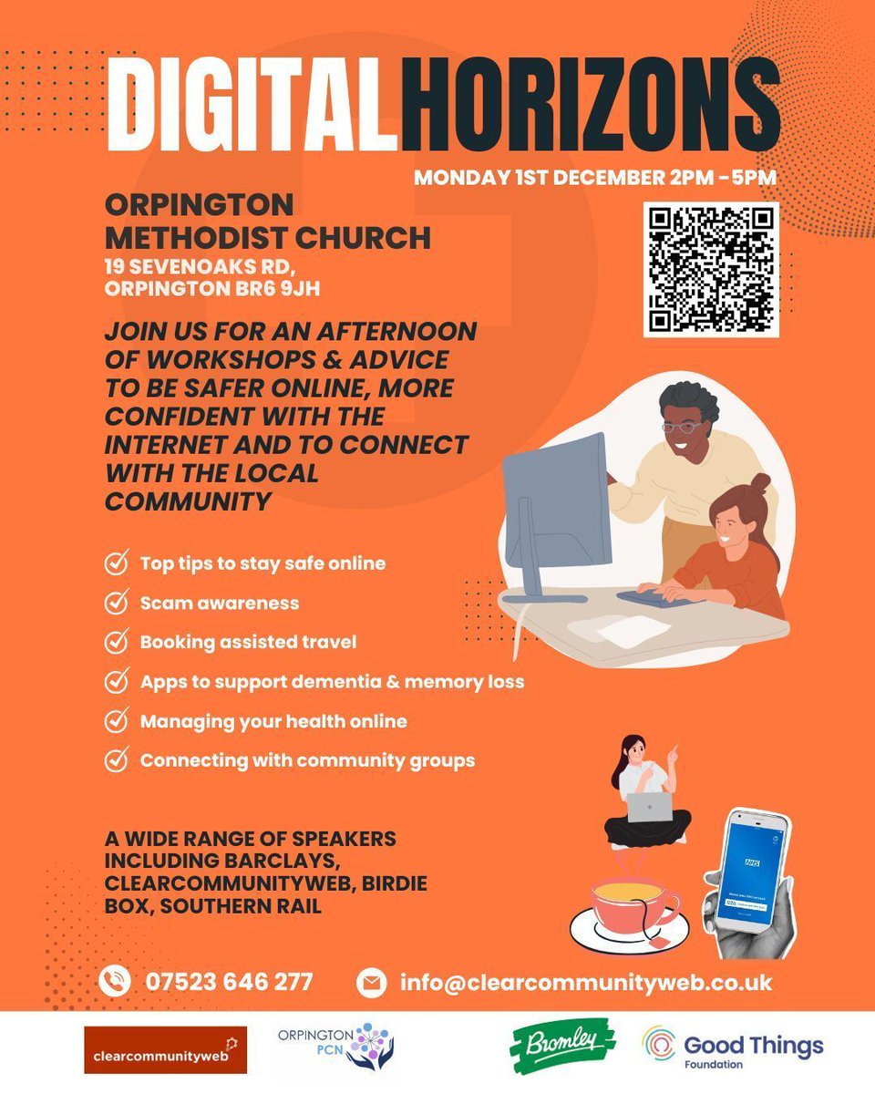 📢 Digital Horizons is BACK! 💻

Join us Mon Sept 1st, 2 pm-5 pm at Orpington Methodist Church to boost your digital skills &amp; confidence! 

Book your FREE spot now! 👇 
shorturl.at/Tnw8A 
#Orpington #DigitalSkills #CommunityEvent  #DigitalInclusion #ScamAwareness #Bromley