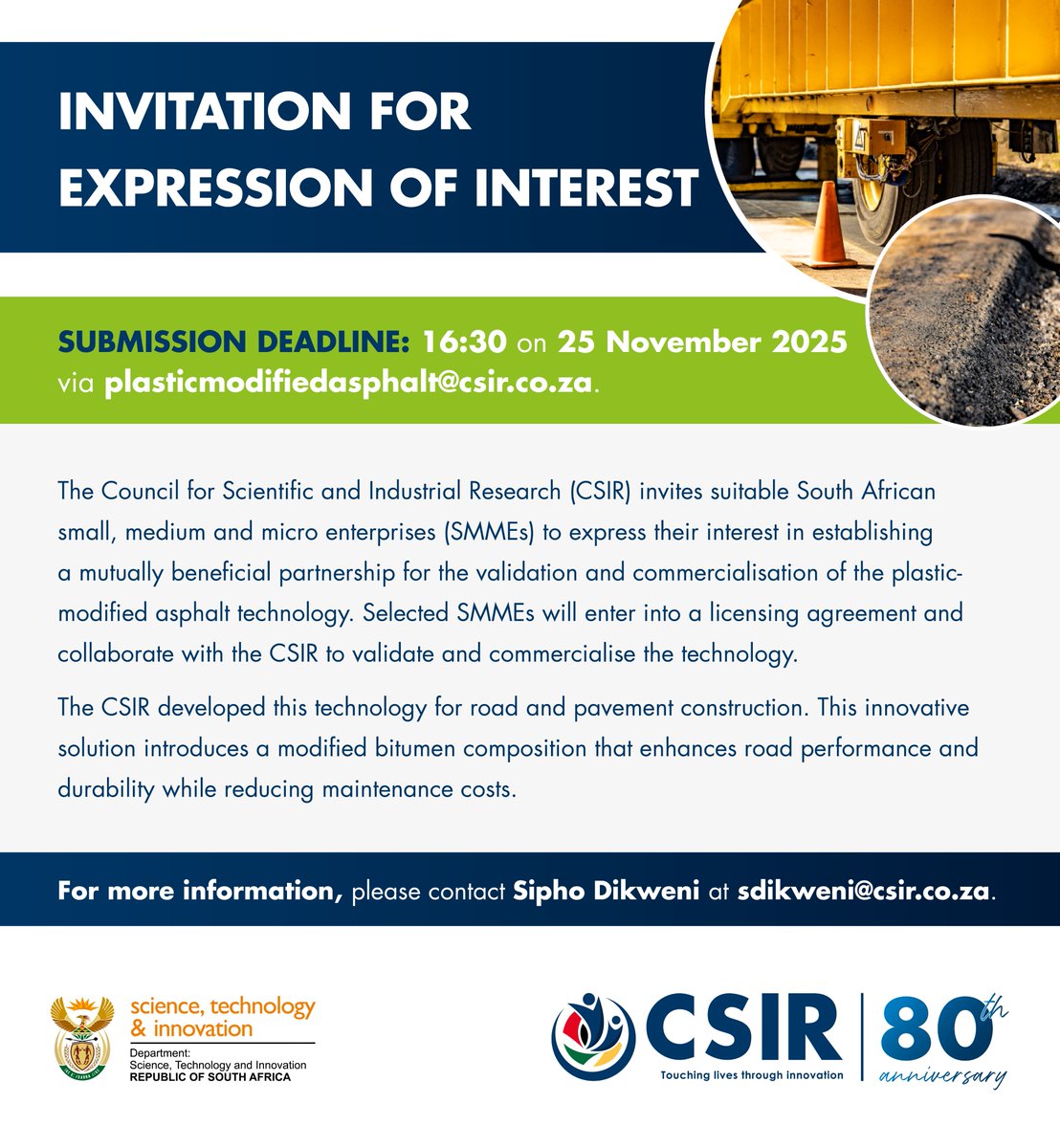CSIR's tweet image. Call for Expression of Interest for a partnership agreement for the commercialisation of the Plastic Modified Asphalt Technology
Closing date for application: 25 November 2025
Link for more information: csir.co.za/sites/default/…