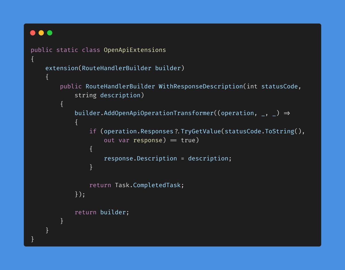 marcominerva's tweet image. A simple extension method to fluently add response descriptions in Minimal APIs. #aspnetcore #minimalapi