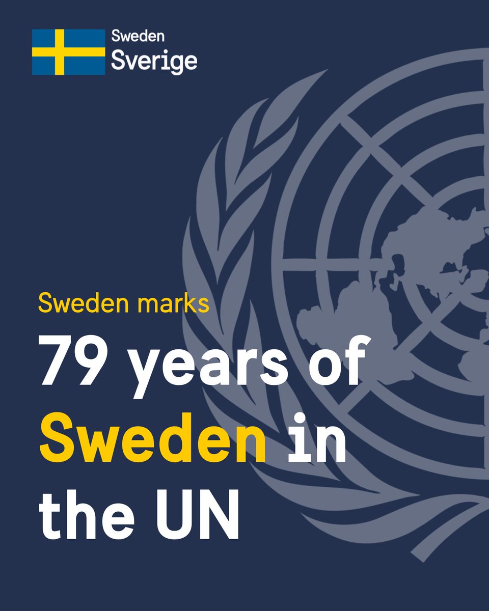 🇸🇪 نحتفل اليوم بمرور 79 عامًا على انضمام السويد إلى الأمم المتحدة!

منذ عام 1946، وقفت السويد بثبات إلى جانب السلام، حقوق الإنسان، التنمية المستدامة، والتعاون الدولي.

على مدى ما يقارب ثمانية عقود، لعبت السويد دورًا بارزًا في:
- الدفاع عن القانون الدولي وميثاق الأمم المتحدة
- دعم