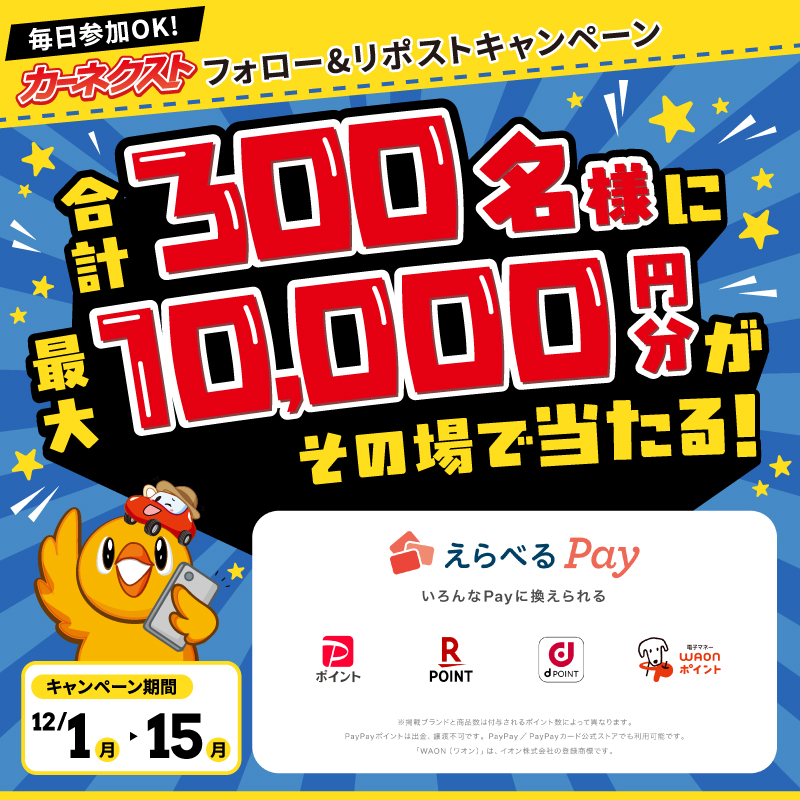 CARNEXT_JP's tweet image. ／
⛄本日スタート⛄
PayPayポイントなどが当たる！✨
＼

合計300名様に
最大10,000円分が当たる！

応募方法
①@CARNEXT_JPをフォロー
②本投稿をリポスト
③当選者にdmで連絡
⏰12/2 6:59まで

#12月のカーネクストキャンペーン