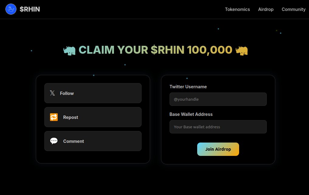 rhinbase's tweet image. Last chance please resubmit your details to become eligible and claim 100,000 $RHIN tokens. The claim will open in 24 hours.

links: rhinbase.fun/#airdrop

#Airdrop