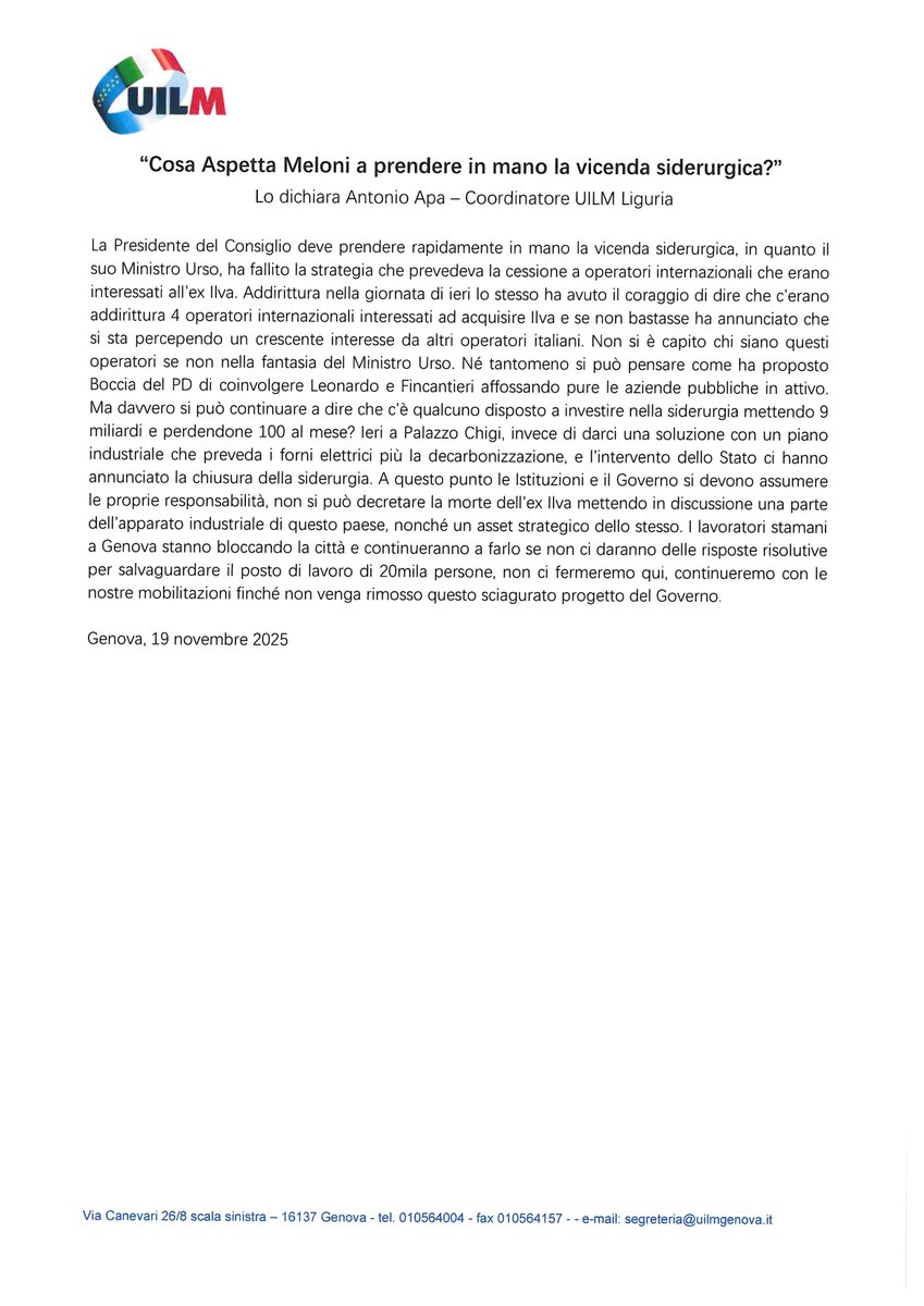 Ex Ilva: dichiarazione di Antonio Apa