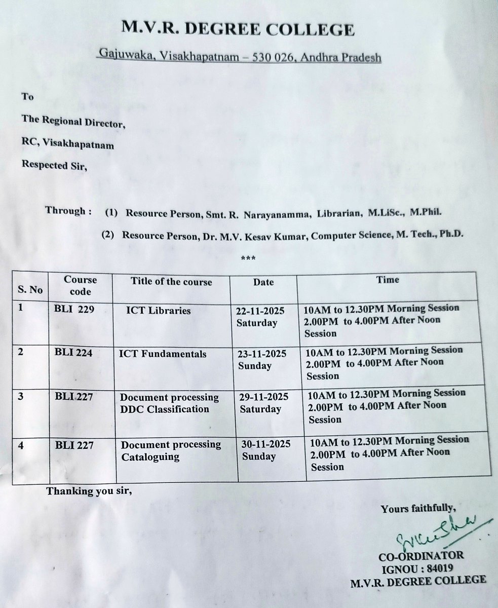 Offline practical counselling schedule of BLIS/BLISOL for TEE December 2025 at LSC 84019(MVR Degree College, Gajuwaka)