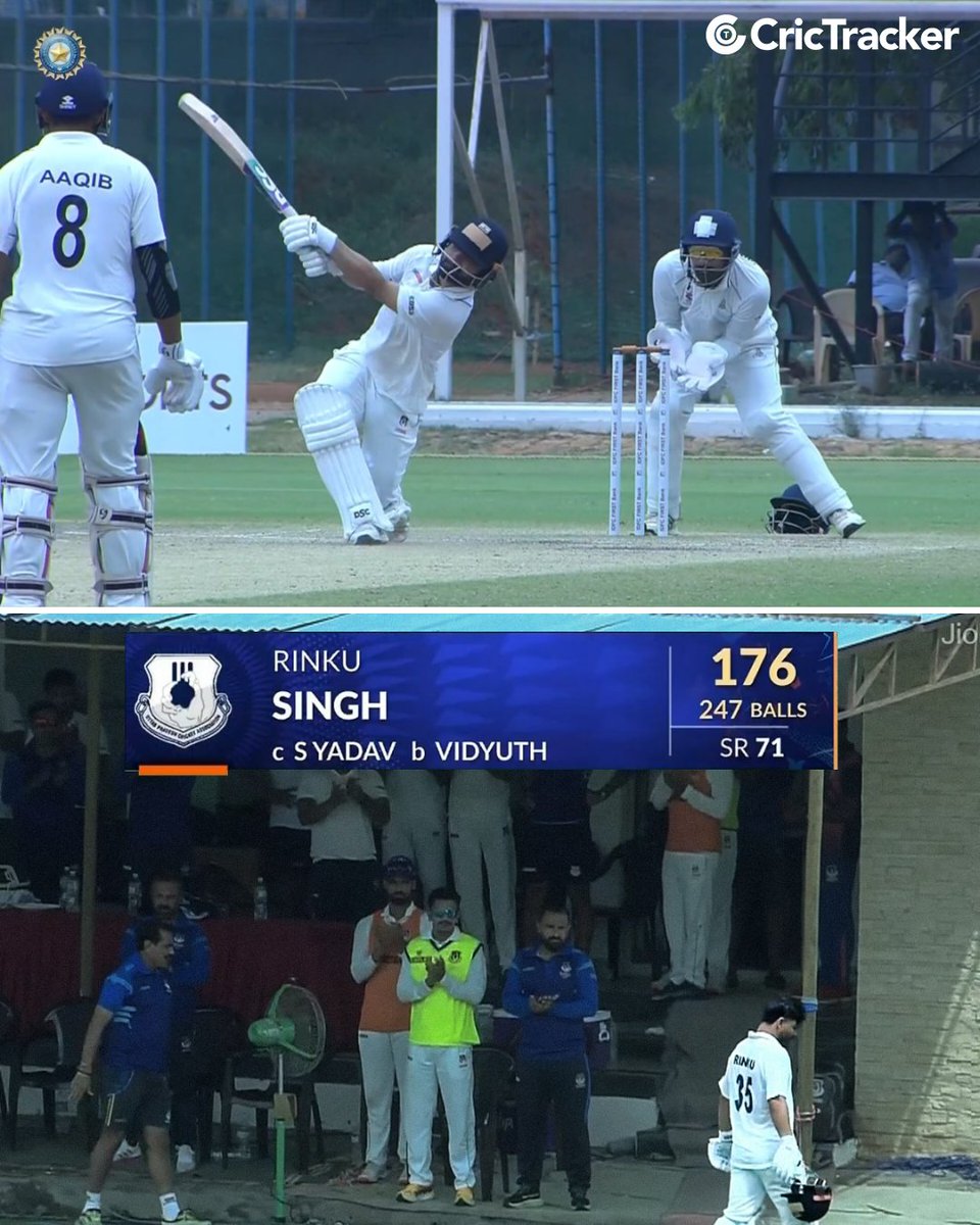 Cricketracker's tweet image. Rinku Singh in his last first-class innings:

89 (110) vs Haryana
68 (131) vs Punjab
165* (273) vs Andhra Pradesh
176 (247) vs Tamil Nadu

#RinkuSingh #ranjitrophy2025