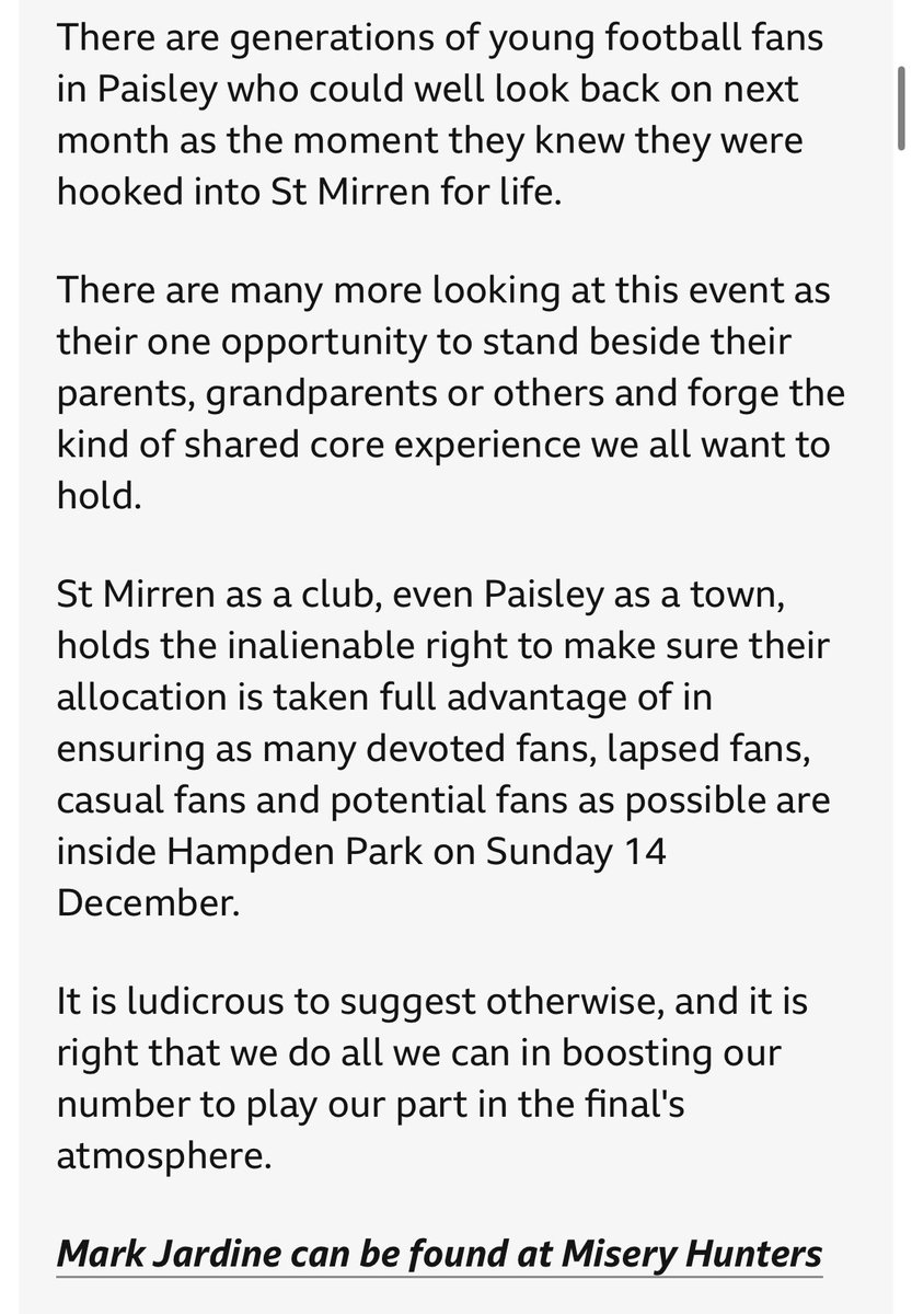 This week’s <a href="/saintmirrenfc/">St Mirren FC</a> Fan’s Voice column for <a href="/BBCSportScot/">BBC Sport Scotland</a> is now available on bbc.co.uk/sport/football…. 

With all attention on Scotland at Hampden last night, <a href="/PTFblog/">Part Time Fan 🏴🏳️</a> turned his column thoughts to December’s League Cup final and the noise around ticket allocations.
