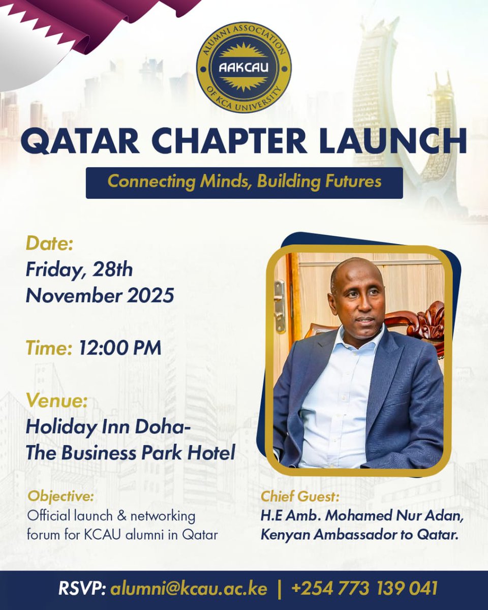 We’re going global! 
The 𝗞𝗖𝗔 𝗨𝗻𝗶𝘃𝗲𝗿𝘀𝗶𝘁𝘆 𝗔𝗹𝘂𝗺𝗻𝗶 𝗖𝗵𝗮𝗽𝘁𝗲𝗿 – 𝗤𝗮𝘁𝗮𝗿 launches 28th Nov at Holiday Inn, Doha. Connect, collaborate &amp; grow with alumni in Qatar. 
Tag all alumni in Qatar &amp; register to attend: forms.gle/EpseLE1W8uXdzh…
 #kcaualumni #madebykcau