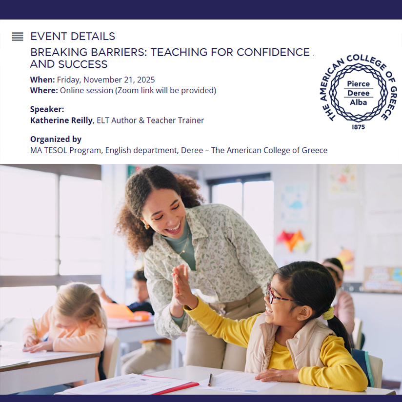 Excited to announce that I will be speaking at Deree: The American College of Greece, at an upcoming online event titled "Breaking Barriers: Teaching for Confidence and Success" on Friday, November 21, 2025.
Join Here: acg.edu/events/breakin…
