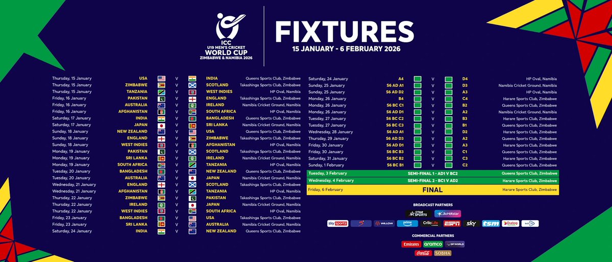 zeeshan_naiyer2's tweet image. The schedule for the U19 Men’s Cricket World Cup 2026 has been released.
#U19WorldCup #U19CWC