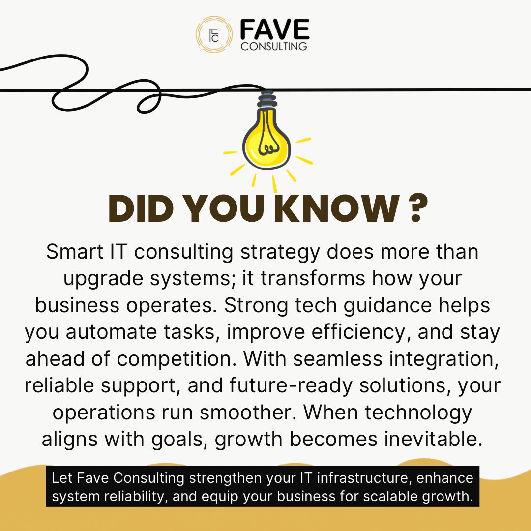FaveConsulting's tweet image. Your business can only grow as fast as your systems allow. With the right IT structure, operations become smoother, decisions become smarter, and your team becomes more efficient. 

#FaveConsulting #BusinessGrowth #TechConsulting #DigitalTransformation #BusinessEfficiency